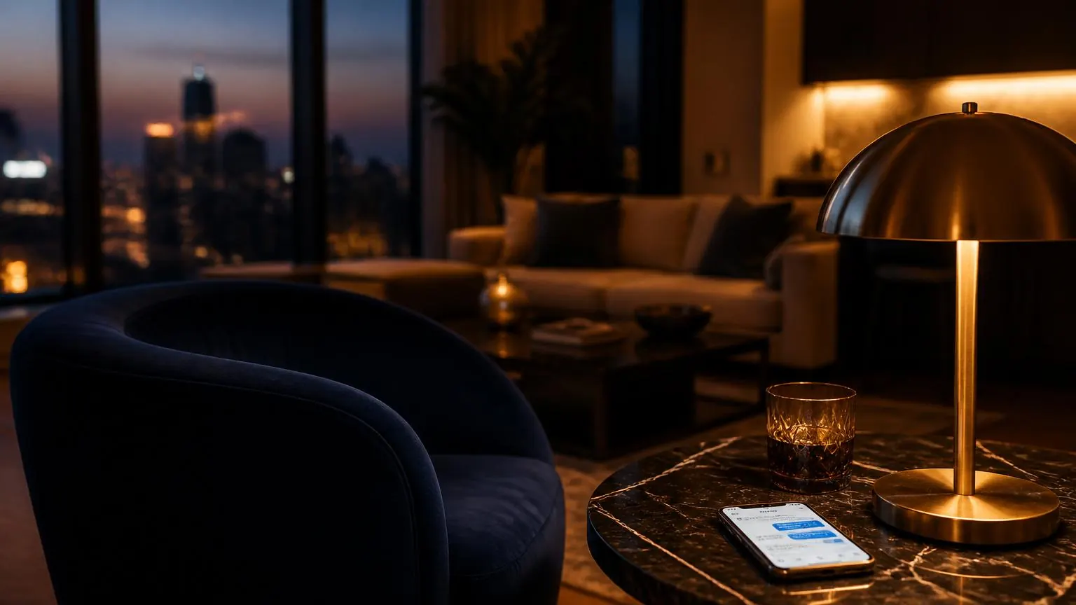 Luxury short-term rental living room at dusk with a smartphone showing an AI concierge chat on a marble side table