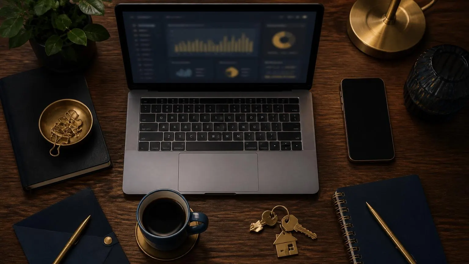 Modern Airbnb host workspace flat lay with laptop showing a dashboard, smartphone, brass keys, notebook and coffee