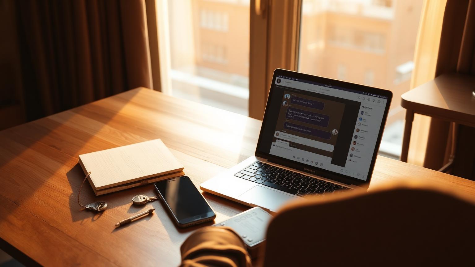 Airbnb host workspace at golden hour with a laptop showing a guest chat, smartphone, brass keys and leather notebook on a walnut desk