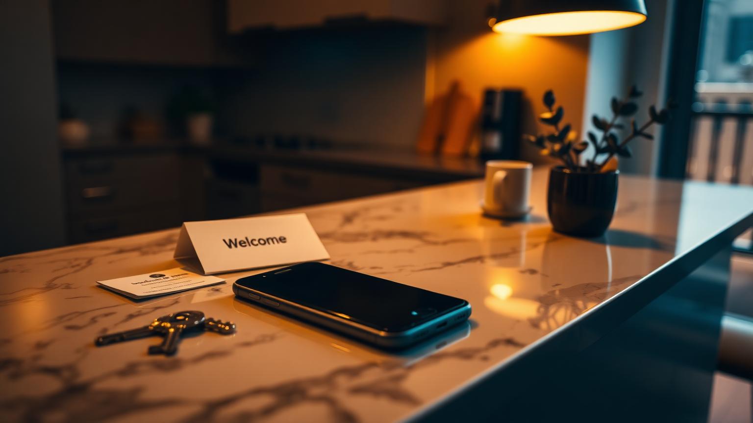 Warmly lit short-term rental kitchen counter at night with a smartphone, brass keys, welcome card and small potted plant on marble — the moment a guest question arrives