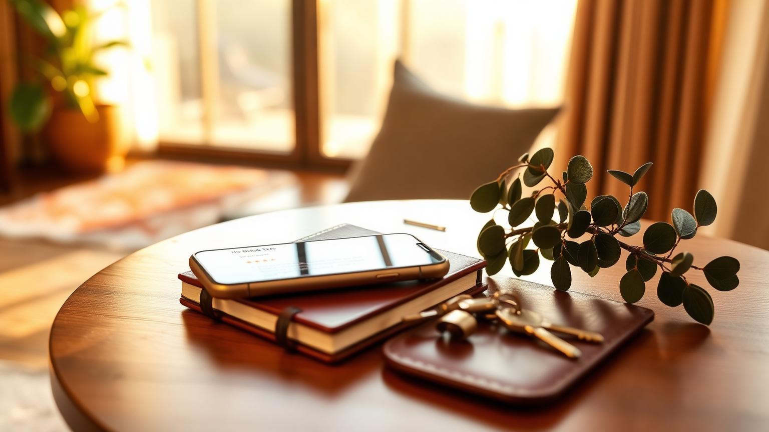 Warm short-term rental living room at golden hour with a smartphone showing a five-star guest review on a walnut side table beside a leather guestbook, brass keys and eucalyptus