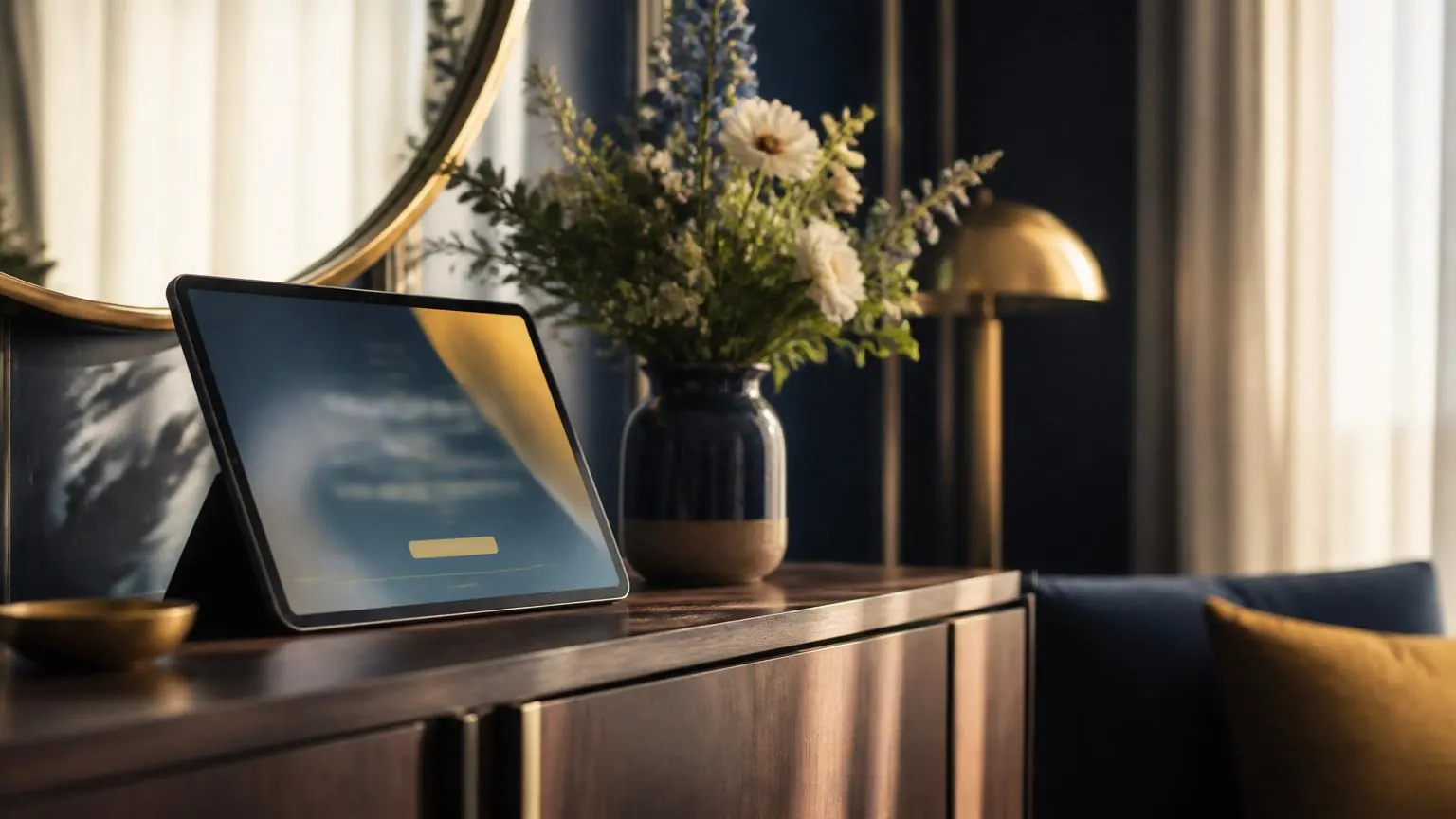 Tablet on a walnut console displaying an elegant Airbnb digital welcome book beside fresh flowers in morning light