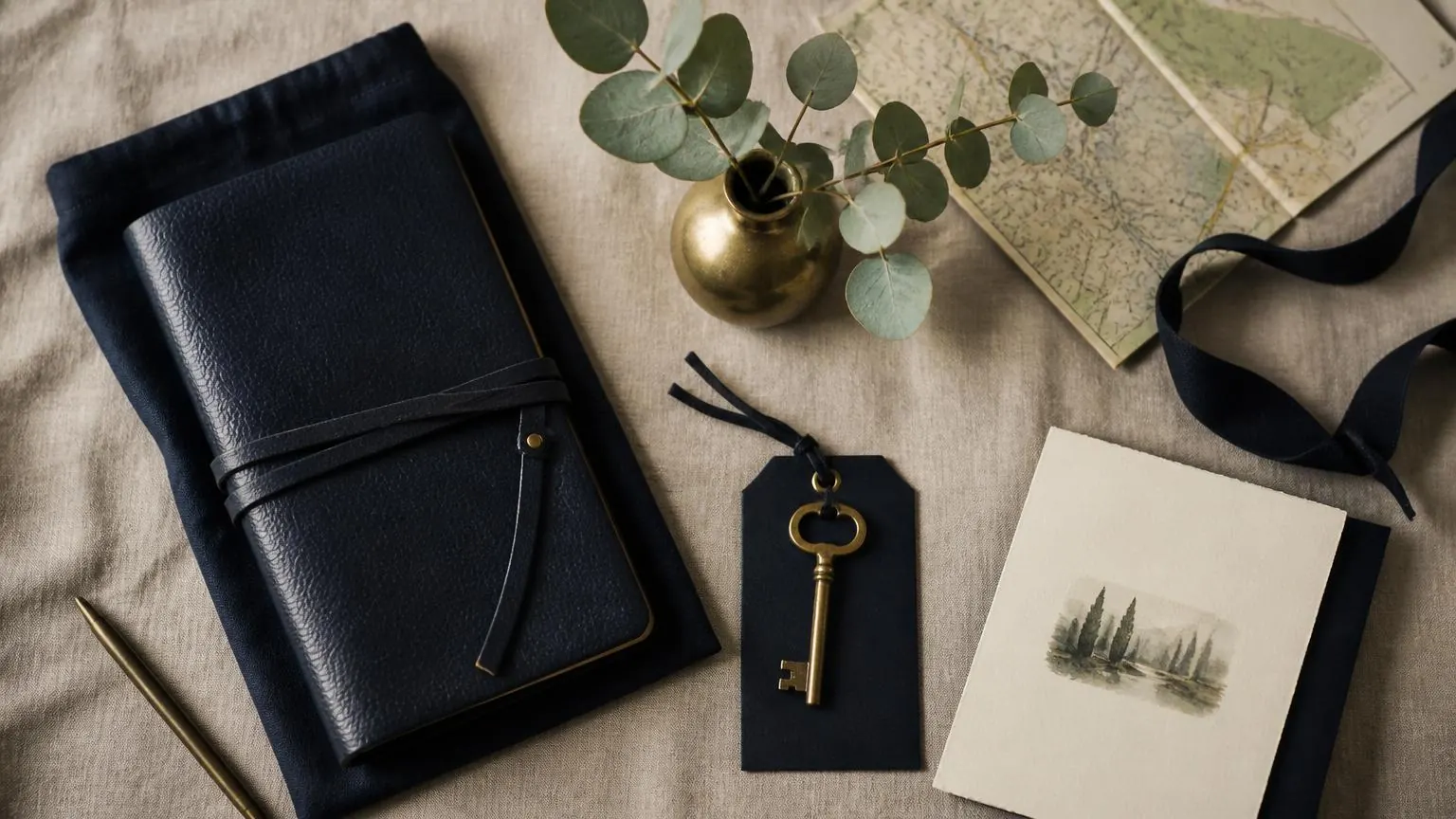 Overhead flat lay of a styled Airbnb welcome kit: leather notebook, brass key on a tag, eucalyptus, map, and printed card