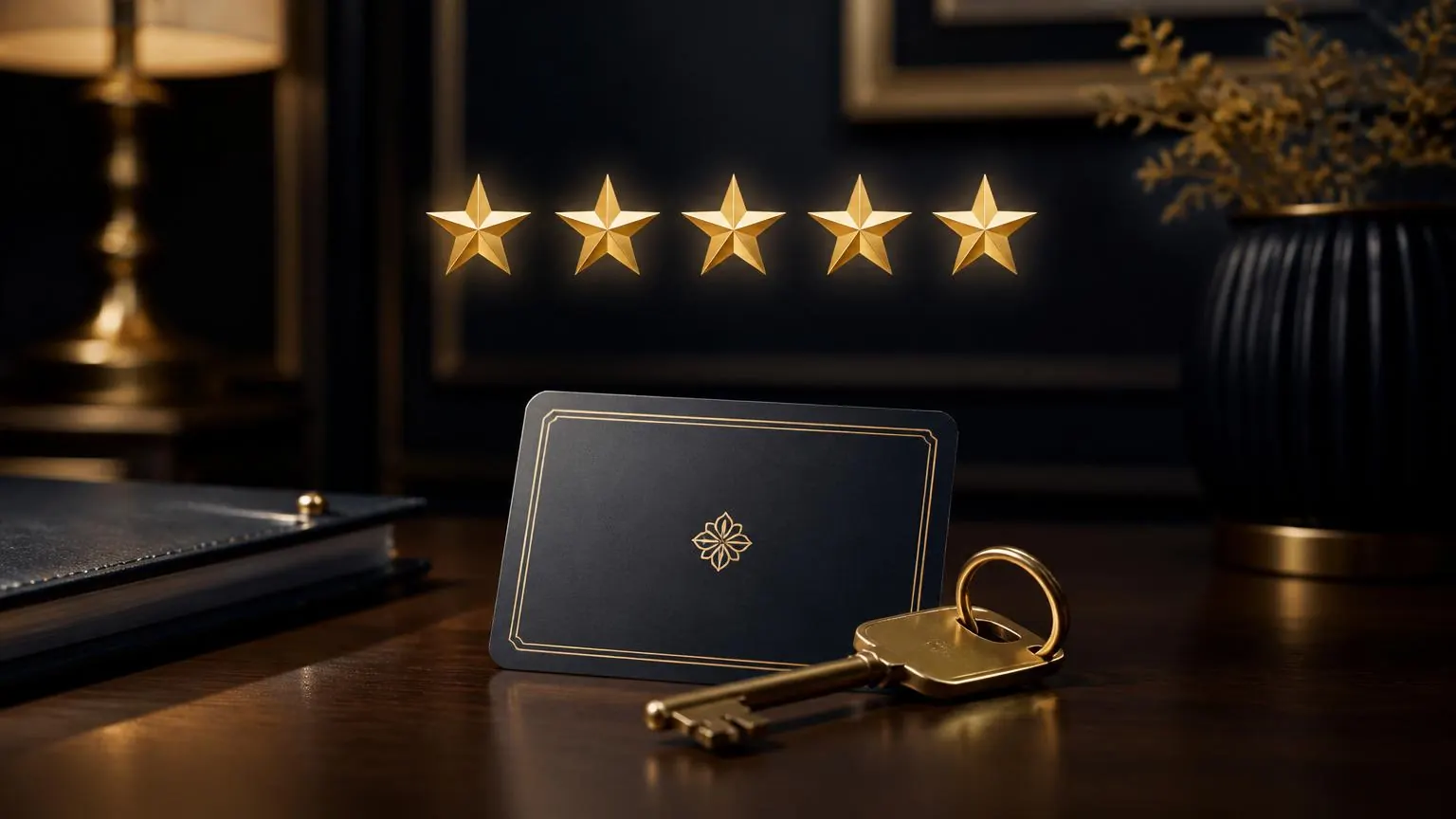 Five gold stars glowing above a hotel key card and brass room key on a dark walnut desk, symbolising Airbnb Superhost status