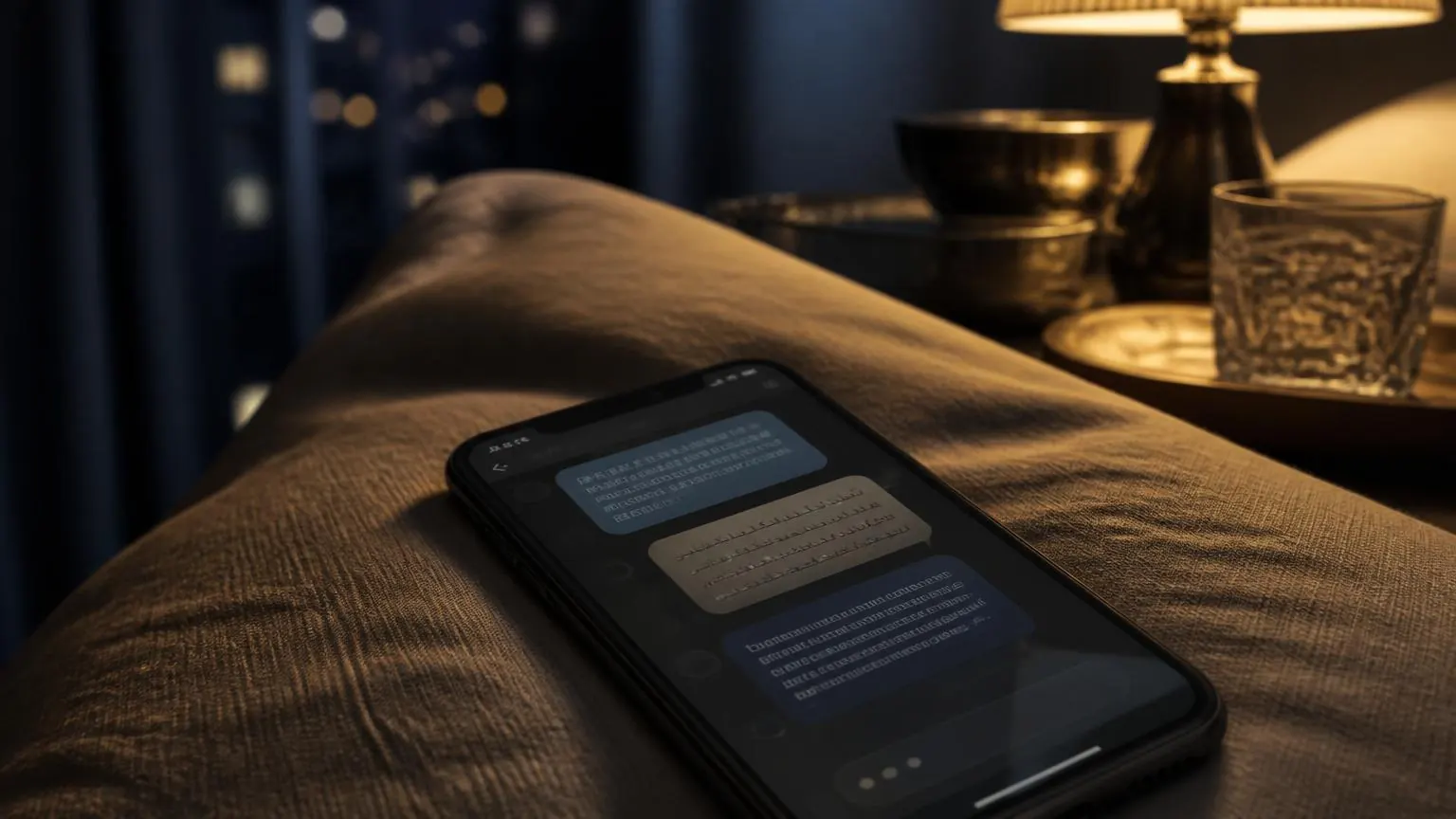 Smartphone on a bedside linen showing a multilingual guest chat conversation at night in a boutique apartment