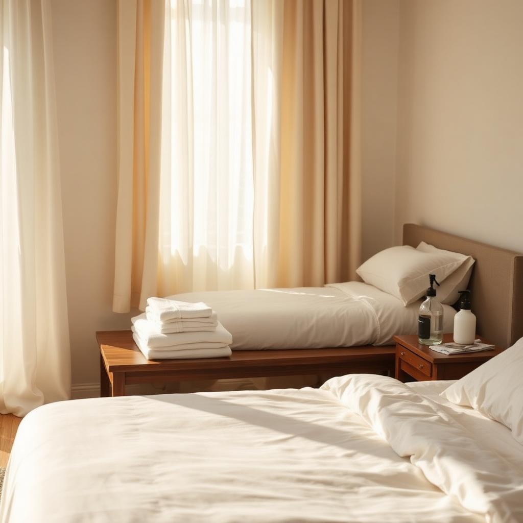 Sunlit short-term rental bedroom mid-turnover with crisp white linens, folded fresh towels on a walnut bench and a spray bottle on a side table