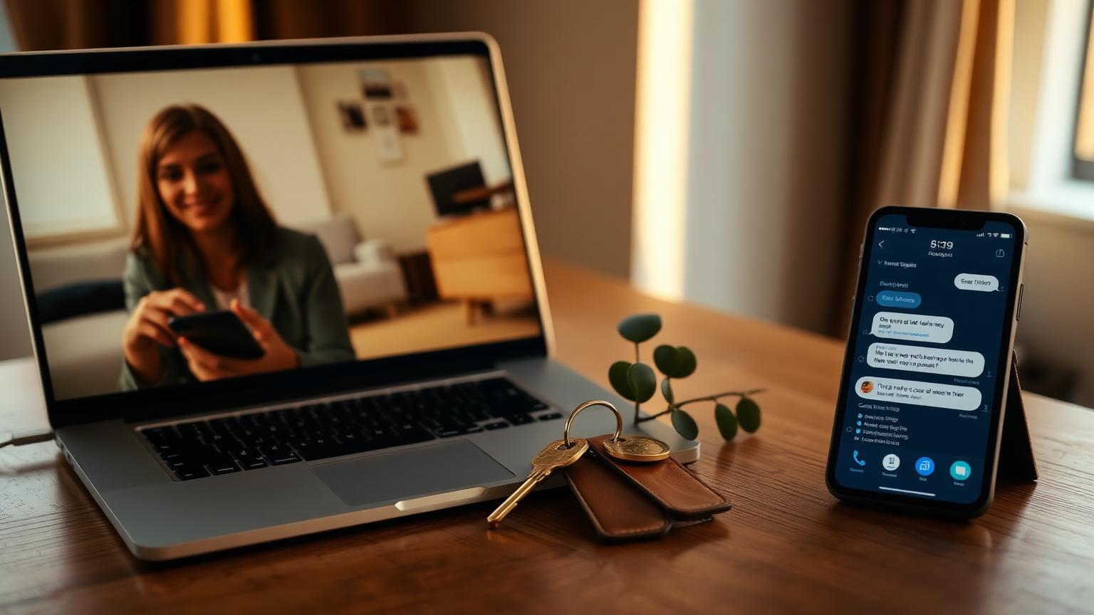 Walnut desk at golden hour with a laptop showing a human virtual assistant on a video call and a smartphone displaying an AI concierge chat beside brass keys and eucalyptus