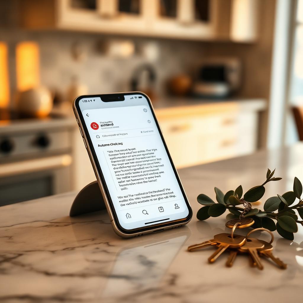 Smartphone on a marble kitchen counter at golden hour showing an automated Airbnb guest check-in message thread beside brass keys and eucalyptus